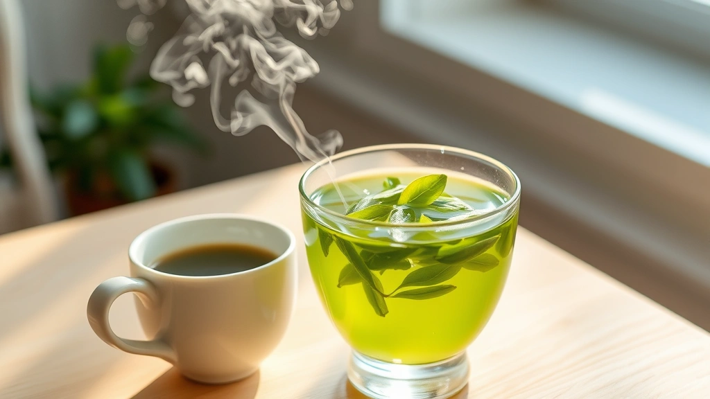 Steaming cup of vibrant green tea with fresh green tea leaves floating on the surface, morning sunlight streaming through a window, warm ceramic mug on a light wooden table, peaceful wellness setting