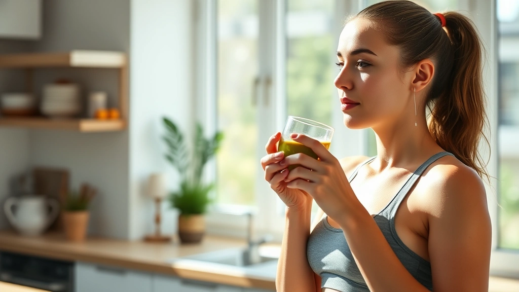Athletic woman sipping green tea after a workout in a bright, modern kitchen, holding a glass cup with green tea, natural morning light, fitness-focused wellness atmosphere, energized expression