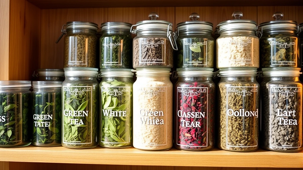 Variety of loose-leaf teas displayed in glass jars including green, white, and oolong tea varieties, organized on a wooden shelf, warm natural lighting, artisanal tea collection aesthetic