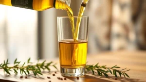 Golden extra virgin olive oil being poured into a clear glass with Mediterranean morning sunlight streaming through, fresh herbs scattered nearby, warm wellness aesthetic