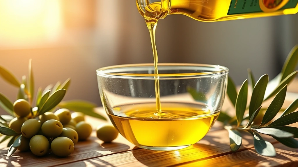 Golden extra virgin olive oil being drizzled from a glass bottle into a clear glass bowl, warm Mediterranean sunlight streaming across a wooden table with fresh green olives and olive leaves nearby, photorealistic, natural lighting, healthy lifestyle aesthetic
