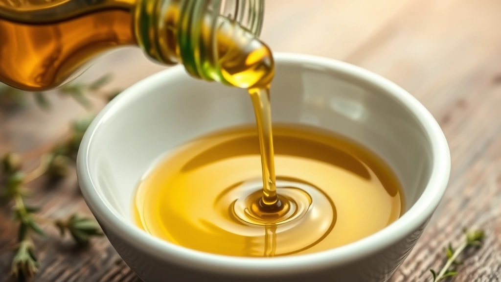 Close-up of extra virgin olive oil being slowly poured from a glass bottle into a white ceramic bowl, golden light illuminating the oil stream, Mediterranean herbs scattered nearby