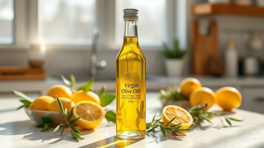 Golden extra virgin olive oil in a clear glass bottle on a bright kitchen counter with fresh lemons and herbs, morning sunlight streaming through window, photorealistic wellness setting