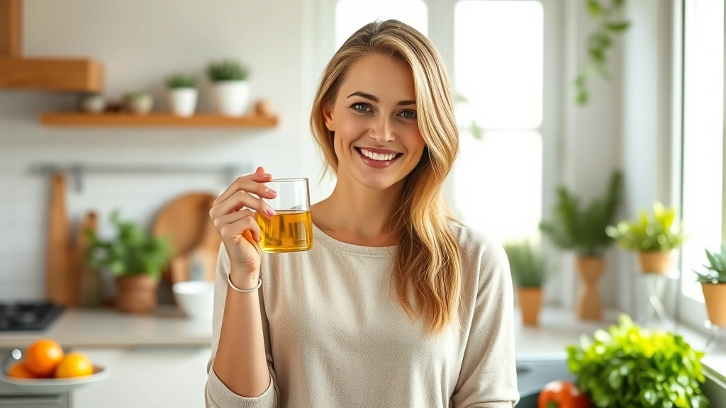Woman in bright kitchen holding a small glass of olive oil, smiling with confidence, natural morning light from window, Mediterranean-style kitchen background with fresh vegetables and herbs on counter, wellness-focused, photorealistic