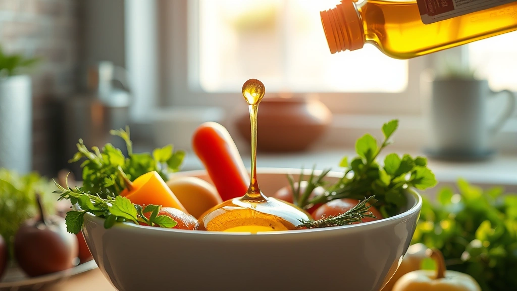Golden olive oil being drizzled into a white bowl with fresh vegetables and herbs, morning sunlight streaming through kitchen window, photorealistic wellness aesthetic