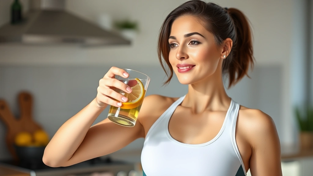 Woman in athletic wear drinking olive oil mixed with water and lemon, holding a glass, serene morning expression, bright kitchen background, natural health and wellness imagery
