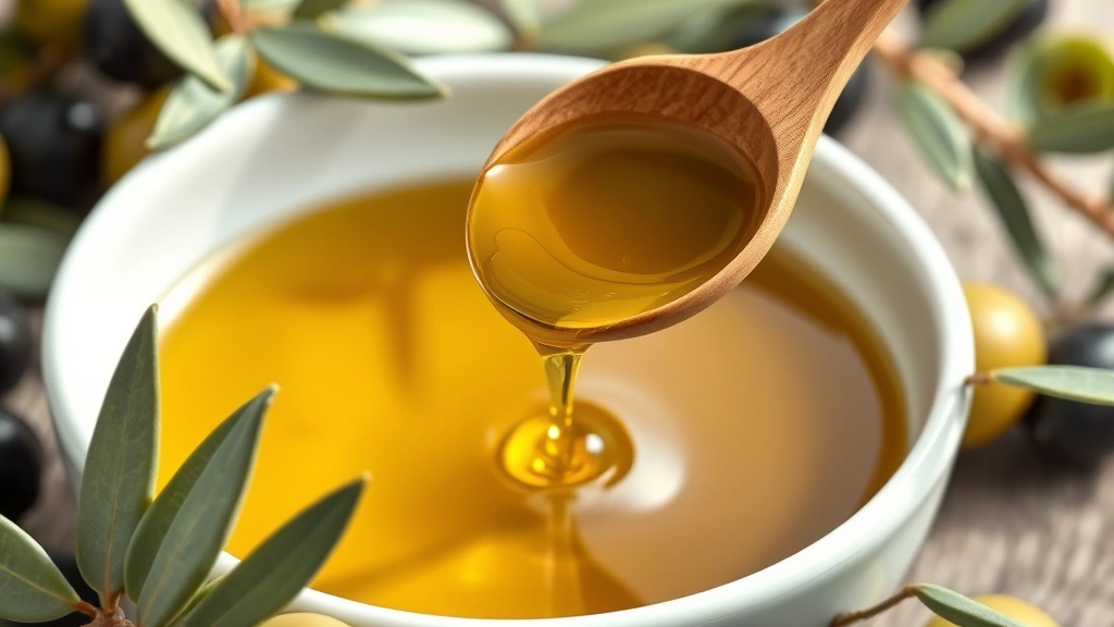 Close-up of olive oil dripping from a wooden spoon into a white ceramic bowl, surrounded by fresh olives and olive branches, natural lighting, health-focused composition