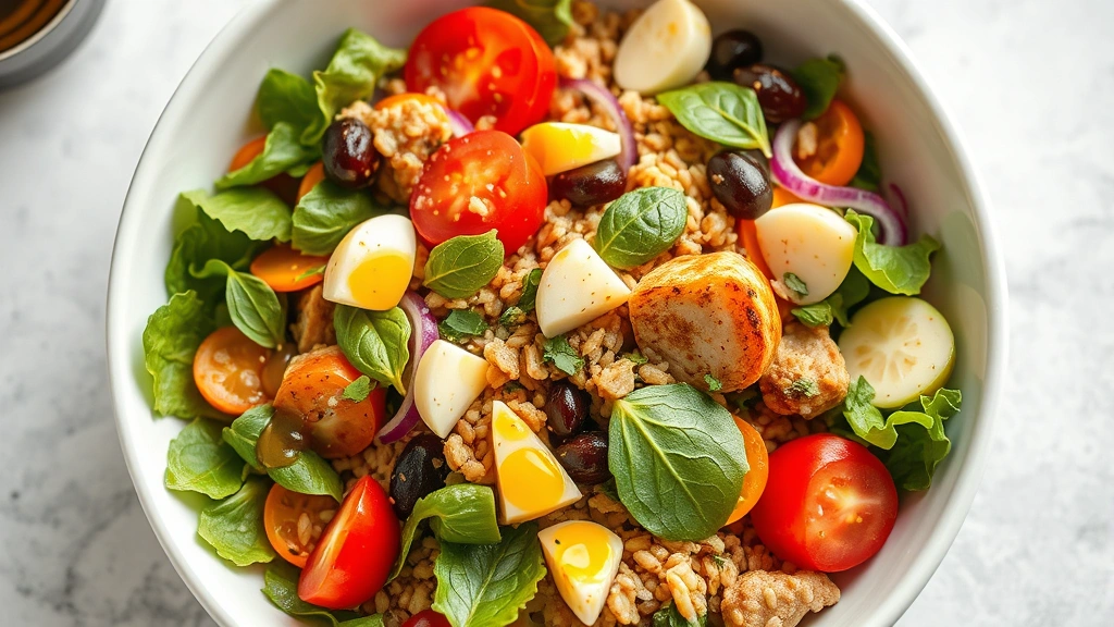 Mediterranean-style salad bowl with vibrant vegetables, olive oil drizzle, whole grains, and lean protein, fresh and colorful, healthy eating lifestyle aesthetic