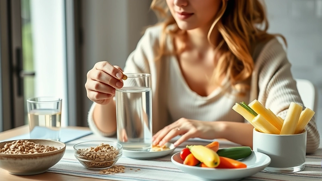 Woman taking a supplement with a glass of water during breakfast, whole grains and fresh vegetables visible on table, natural morning light, healthy wellness setting