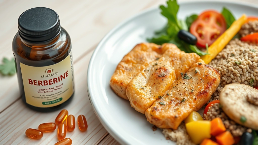 Close-up of berberine supplement capsules next to a healthy meal with lean protein, colorful vegetables, and whole grains on a light wooden table