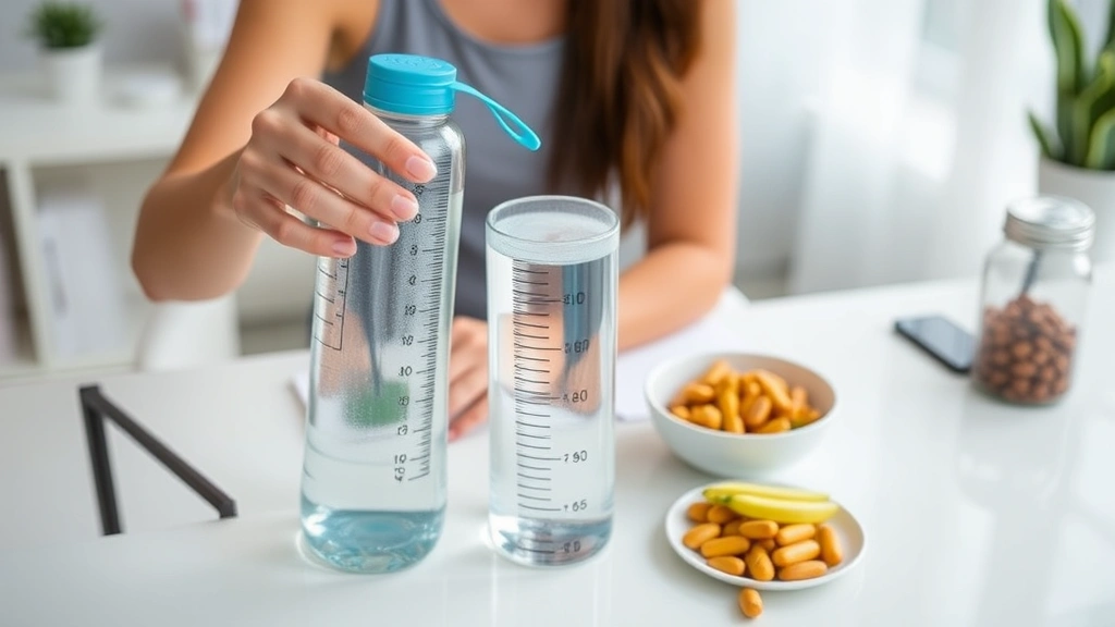 Person measuring water intake with a water bottle, sitting at a desk with healthy snacks, representing hydration and supplement consistency for weight loss