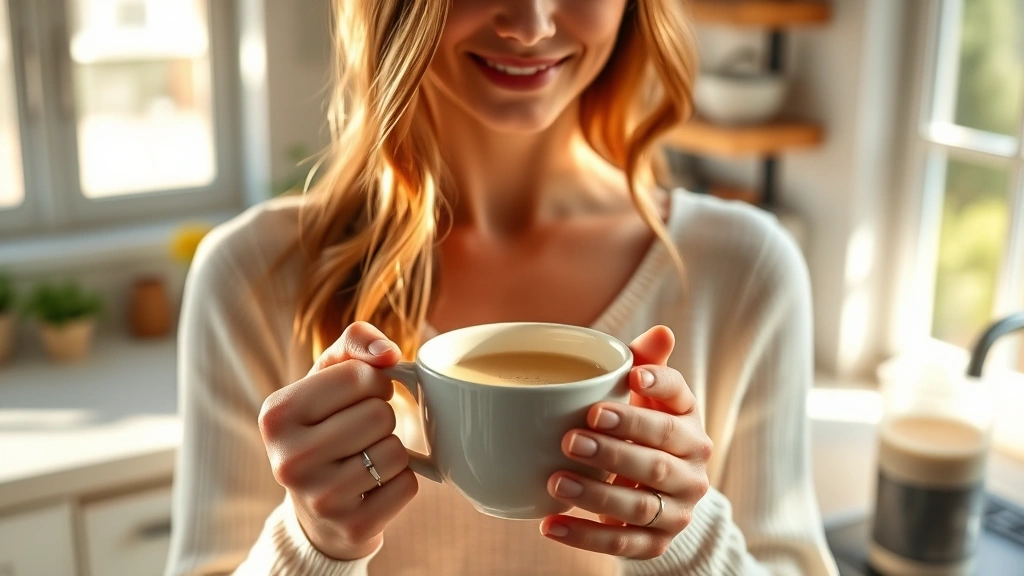 Woman in morning sunlight holding warm mug of collagen-infused coffee or broth, serene kitchen background, natural wellness aesthetic, photorealistic, 8k, healthy lifestyle