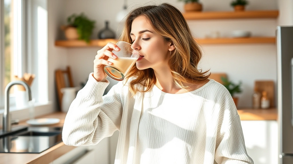 Woman drinking collagen peptide beverage from glass cup in bright kitchen, healthy morning routine, natural sunlight, wellness lifestyle