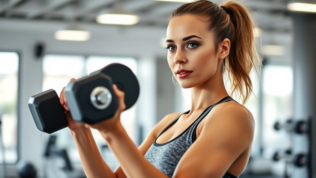 Fit woman doing resistance training with dumbbells in bright gym, focused expression, post-workout recovery moment, athletic wear, professional photography, motivational energy