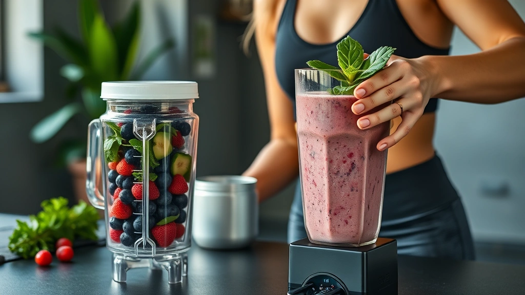 Fitness enthusiast preparing post-workout smoothie with collagen powder, blender with fresh berries and leafy greens, athletic setting