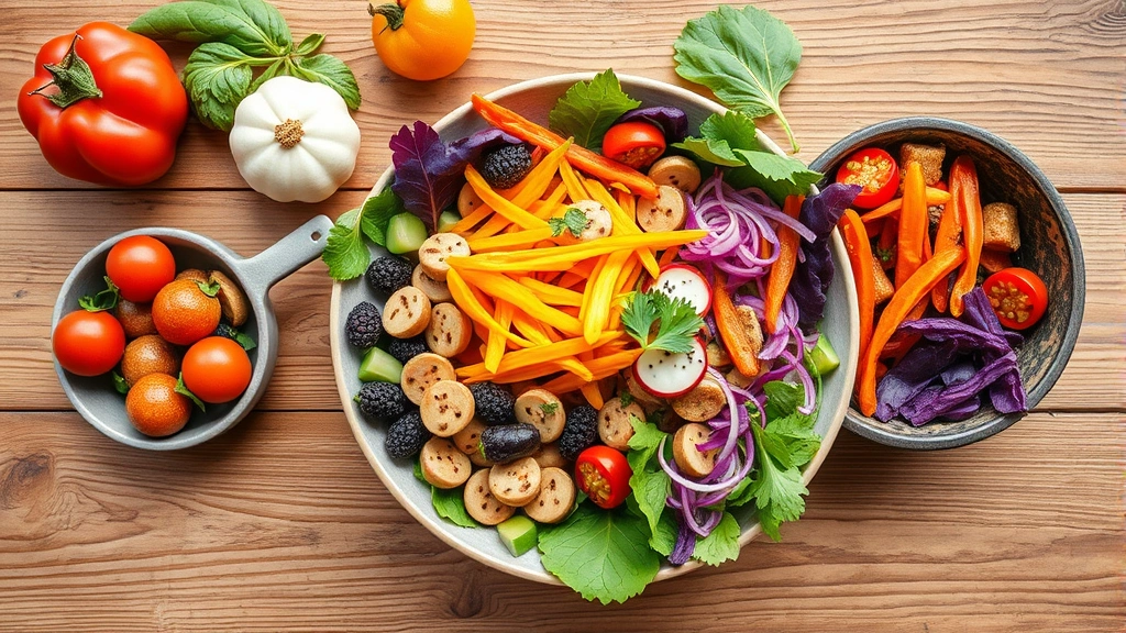 Overhead shot of colorful vegetable-based meal with protein-rich ingredients, wooden table, natural lighting, vibrant healthy food styling, appetizing presentation, no text or labels