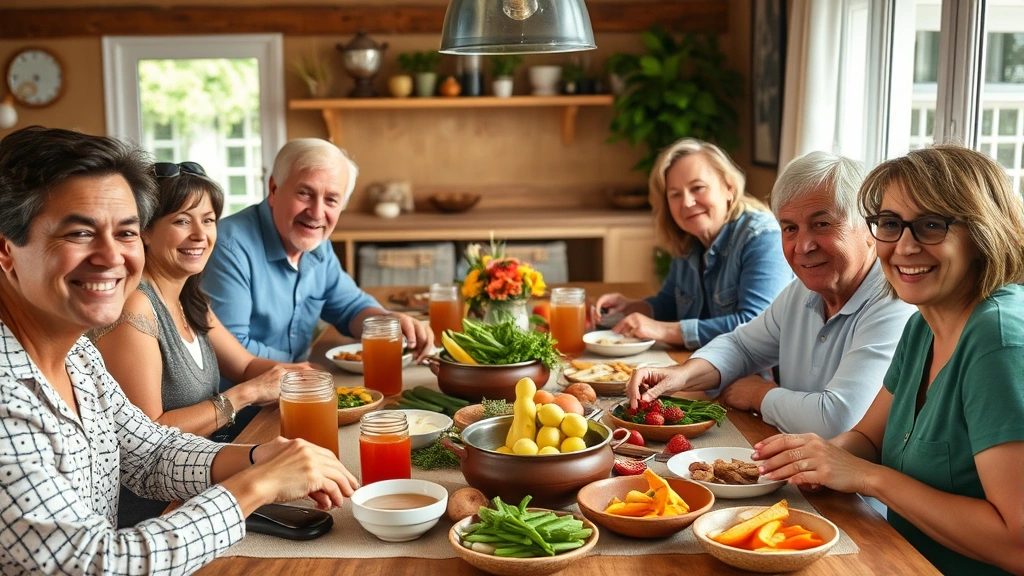 Diverse group of adults enjoying healthy meal together at table with bone broth and nutrient-dense foods, wellness community gathering