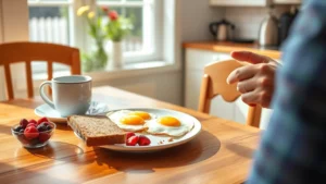 A person enjoying a healthy breakfast with eggs, whole grain toast, berries, and coffee at a sunny kitchen table, representing optimal metformin timing with meals