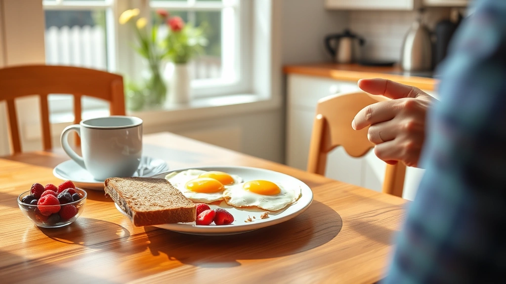A person enjoying a healthy breakfast with eggs, whole grain toast, berries, and coffee at a sunny kitchen table, representing optimal metformin timing with meals