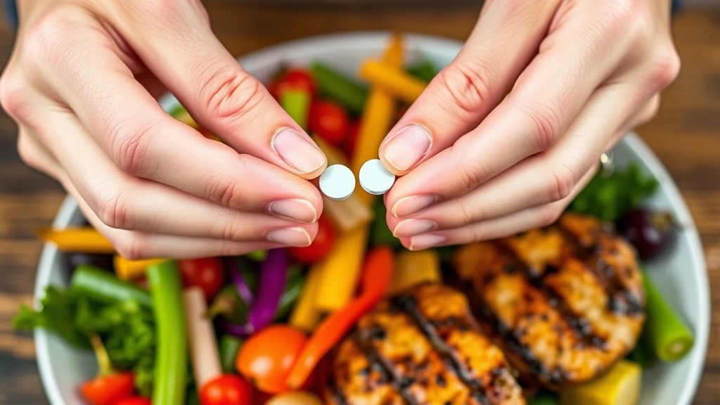 Close-up of hands holding a metformin tablet over a plate of colorful vegetables and grilled chicken, symbolizing medication timing with proper nutrition