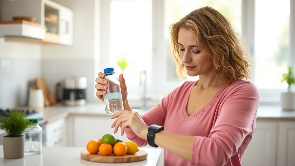 Woman checking her watch while holding a water bottle and fresh fruit in a bright home kitchen, depicting consistent daily medication routine and hydration