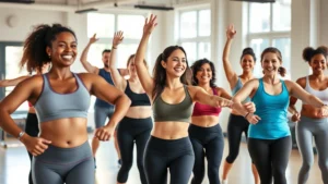 A diverse group of people exercising together in a modern, bright fitness studio with natural light, showing genuine smiles and engagement, diverse body types and ages represented