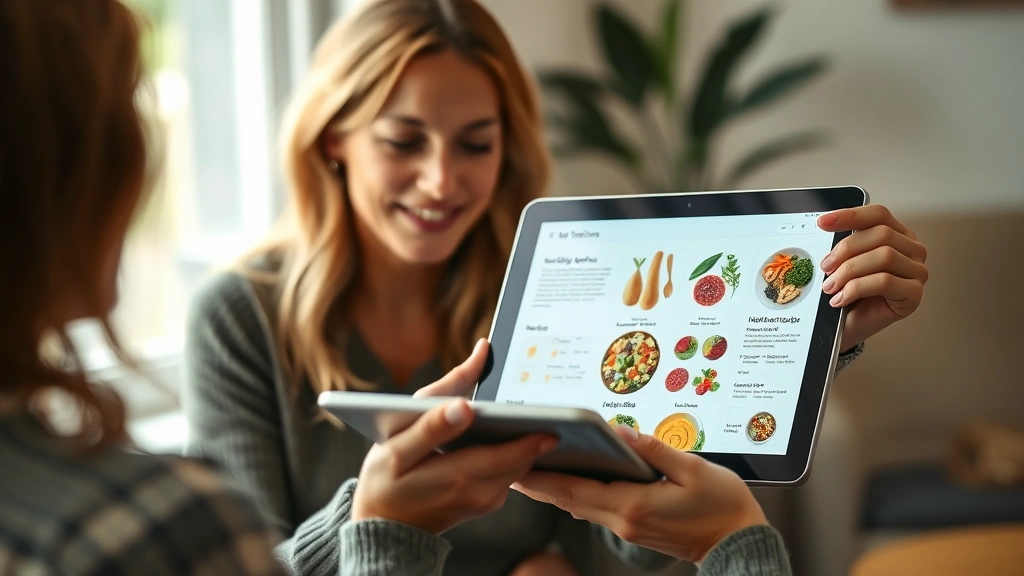 Close-up of a nutritionist or health coach consulting with a client, reviewing healthy meal options and nutrition information on a tablet, warm professional setting