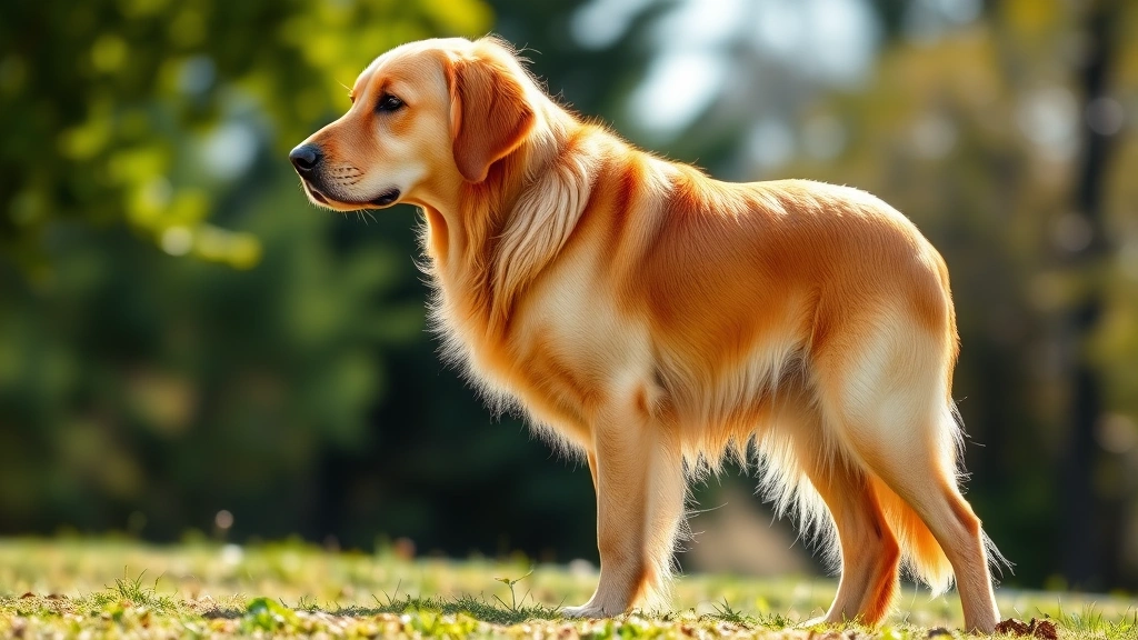 A healthy, lean golden retriever standing in profile outdoors, showing ideal body condition with visible waist definition, bright eyes, and shiny coat in natural sunlight
