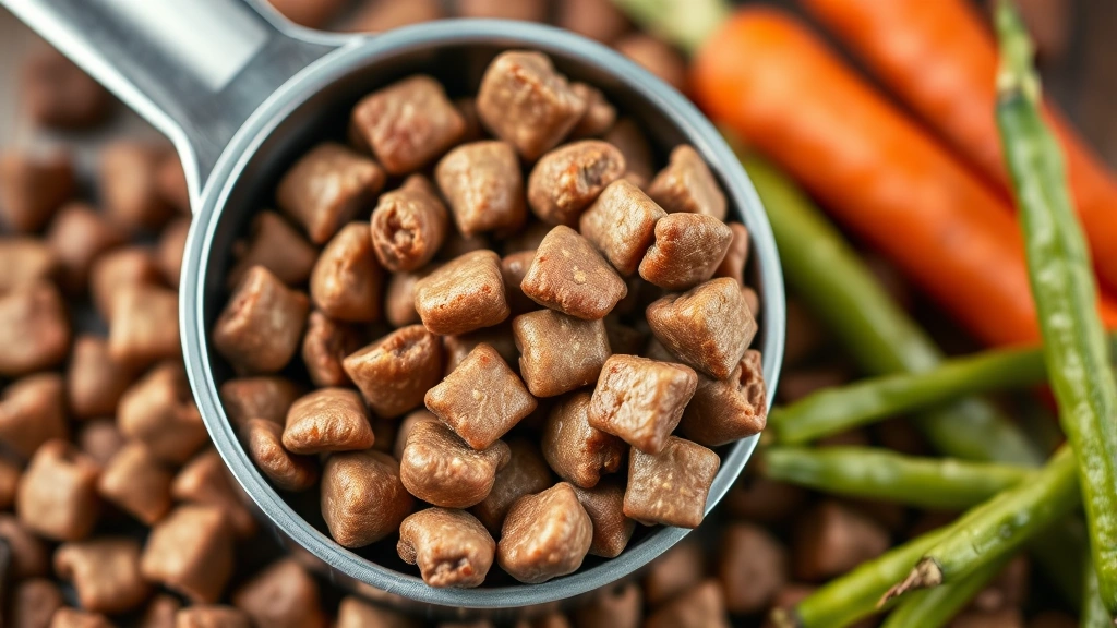 Close-up of premium dog kibble in a stainless steel measuring cup, showing high-quality meat-based food texture and color, with fresh vegetables like carrots and green beans nearby