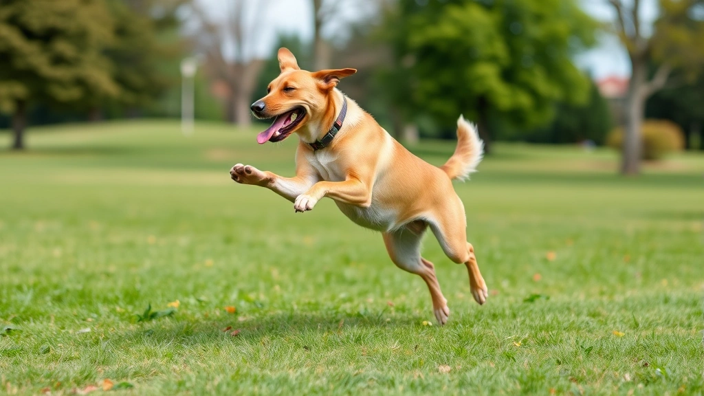 An active adult dog playing fetch in a grassy park, mid-jump with a toy, showing muscular build and energetic movement during exercise