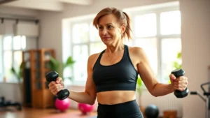Middle-aged woman in athletic wear doing resistance training with dumbbells in a bright, modern home gym. Natural lighting, focused expression, healthy and strong appearance.