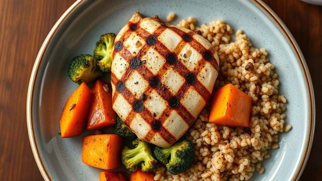 Overhead view of a colorful, nutrient-dense meal with grilled chicken breast, roasted vegetables including broccoli and sweet potato, and quinoa on a ceramic plate. Warm, inviting lighting.