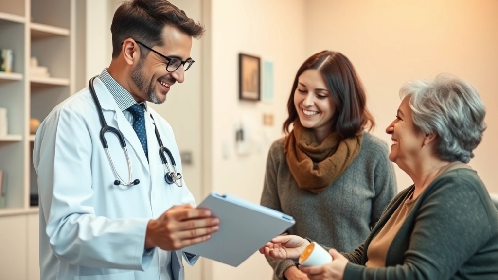 Diverse healthcare provider discussing medication options with mature woman patient in professional medical office, warm lighting, both smiling, health-focused consultation scene