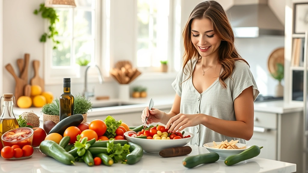 Woman preparing colorful Mediterranean salad with fresh tomatoes, cucumbers, olives, and olive oil in bright California kitchen with natural sunlight streaming through windows, healthy whole foods on counter