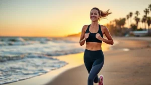 A fit woman in athletic wear jogging on a sunny California beach at sunrise, ocean waves and palm trees visible in background, genuine smile showing wellness progress