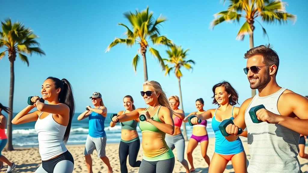 Diverse group of people doing outdoor fitness class on sunny California beach with palm trees, everyone smiling and engaged in resistance training with dumbbells, ocean visible in background