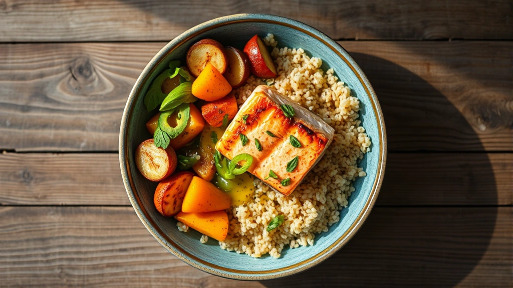 Overhead shot of a colorful Mediterranean-style bowl with grilled salmon, quinoa, roasted vegetables, and olive oil drizzle on a wooden table with natural daylight