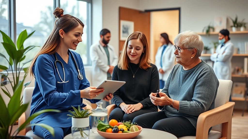 Registered dietitian consulting with patient in modern California medical office, reviewing nutrition plan on tablet, warm supportive environment with plants and natural light, diverse healthcare team visible
