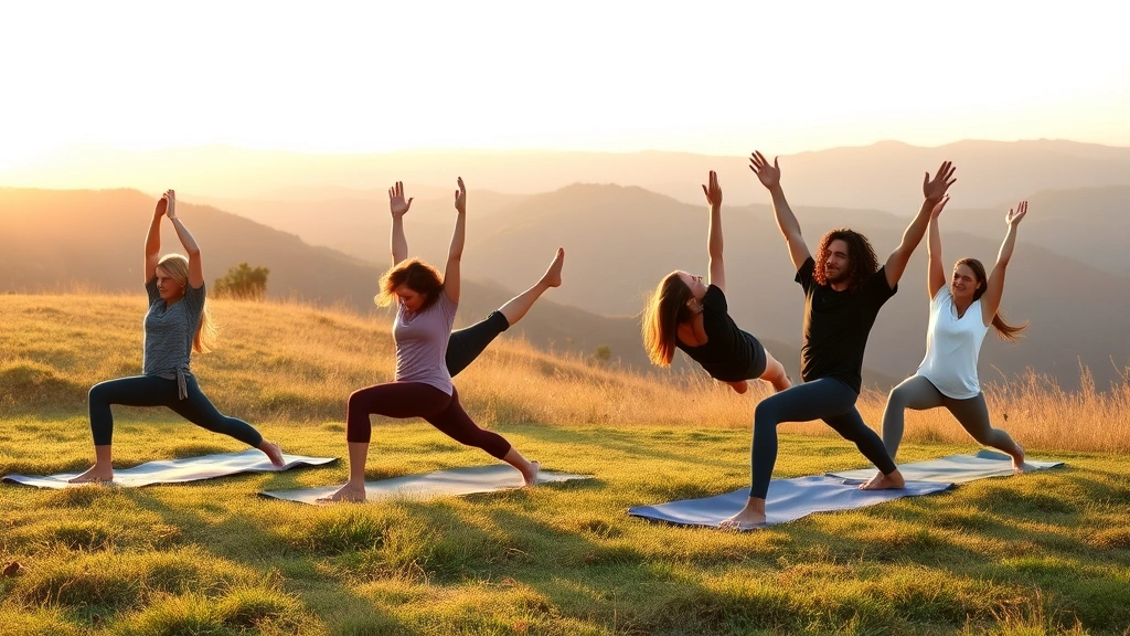 A diverse group of four people doing outdoor yoga on a grassy California hillside with mountains in background, practicing downward dog pose together during golden hour