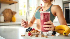 A fit woman holding a colorful protein shake in a glass with fresh berries, almonds, and a banana nearby on a white kitchen counter, morning sunlight streaming through window, healthy lifestyle aesthetic