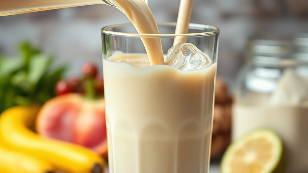 Close-up of a creamy vanilla protein shake being poured into a glass with ice, showing smooth texture and rich consistency, with blurred fresh fruits and vegetables in background, professional nutritional photography