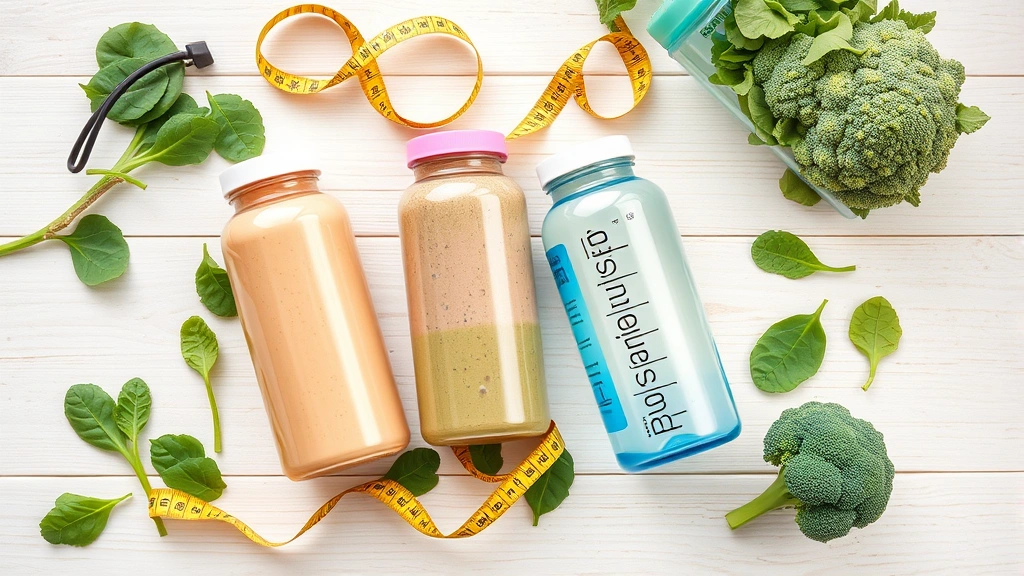 Overhead flat lay of three different weight loss shake bottles with measuring tape, water bottle, and fresh vegetables like spinach and broccoli on light wood surface, wellness and nutrition concept