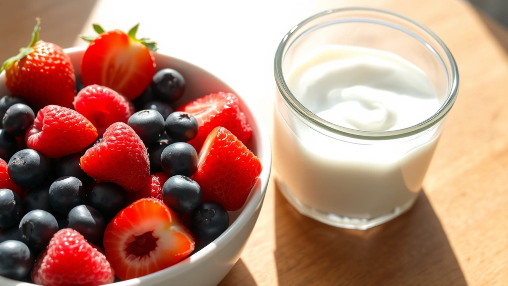 A colorful array of fresh berries—blueberries, strawberries, raspberries—in a white bowl beside a clear glass container of plain Greek yogurt, natural sunlight streaming across a wooden surface