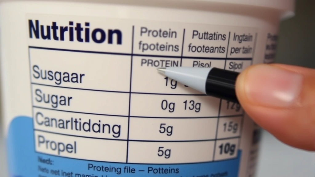 Close-up of a nutrition label on a yogurt container showing protein, sugar, and carbohydrate information with a hand holding a pen pointing to the protein content section