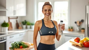 A fit woman in athletic wear smiling confidently while holding a water bottle in a bright, modern kitchen with fresh vegetables and fruits on the counter, natural morning light streaming through windows