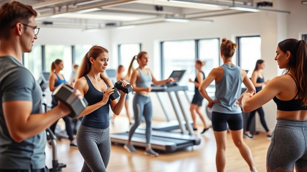 A diverse group of people doing various exercises in a gym setting—one lifting dumbbells, another on a treadmill, one doing yoga—all looking focused and determined, bright and motivating atmosphere