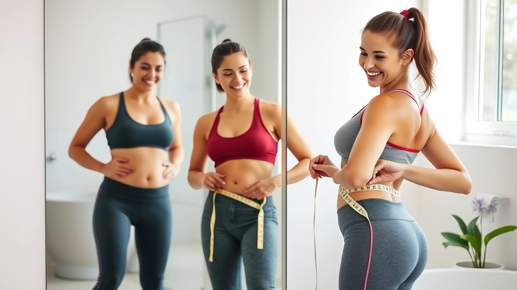 A person measuring their waist with a measuring tape while standing in front of a mirror, looking pleased, wearing comfortable workout clothes, clean modern bathroom setting with natural lighting