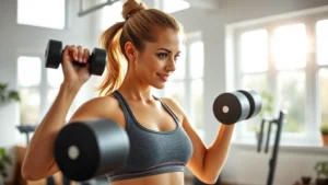Woman lifting dumbbells in bright, modern home gym with natural sunlight streaming through windows, showing strength and focus, athletic wear, positive energy
