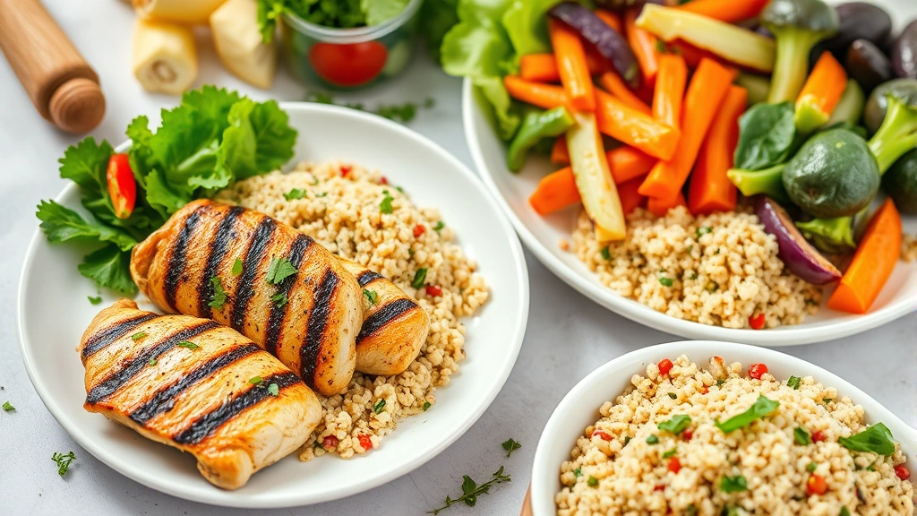 Healthy meal prep scene with grilled chicken, quinoa, and colorful vegetables on white plates, fresh ingredients, natural lighting, nutritious and appetizing