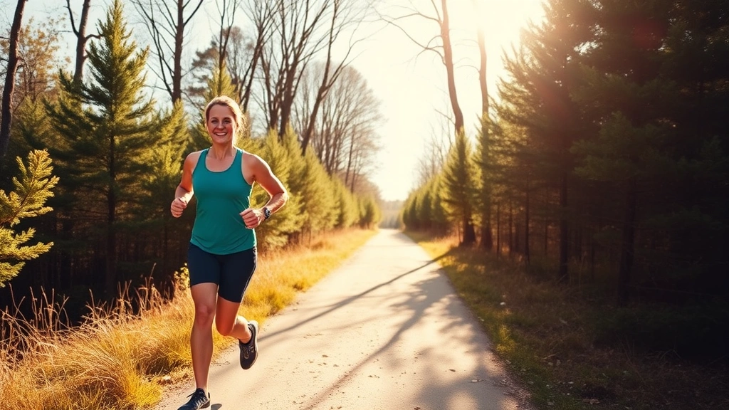 Person jogging outdoors on sunny trail surrounded by trees, happy expression, athletic build, natural landscape, wellness and vitality demonstrated